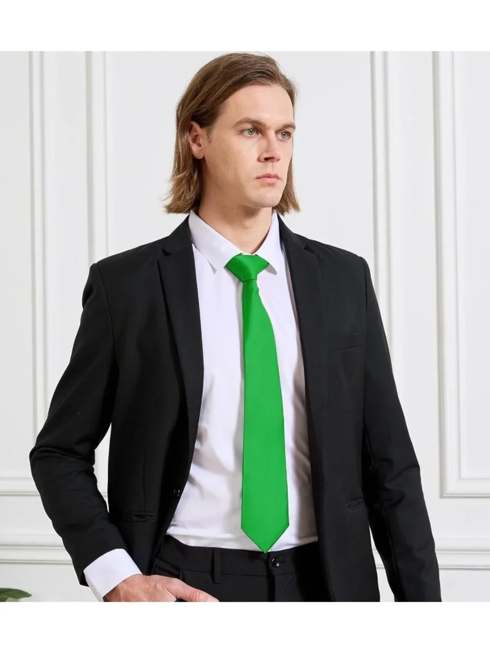 Men's Green Solid Microfiber Plain Formal Silk Necktie For Business Dress Tie